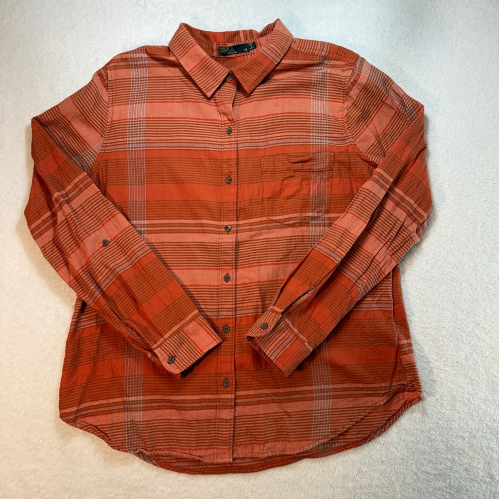 Prana Womens Medium Orange Plaid Organic Cotton Long Sleeve Button Down Shirt